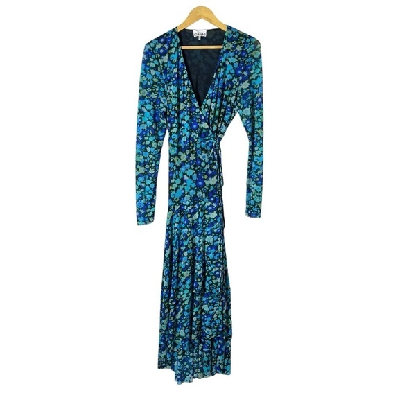 GANNI Floral Print Stretch Mesh Long Sleeve Maxi Wrap Dress - Picture 4 of 13